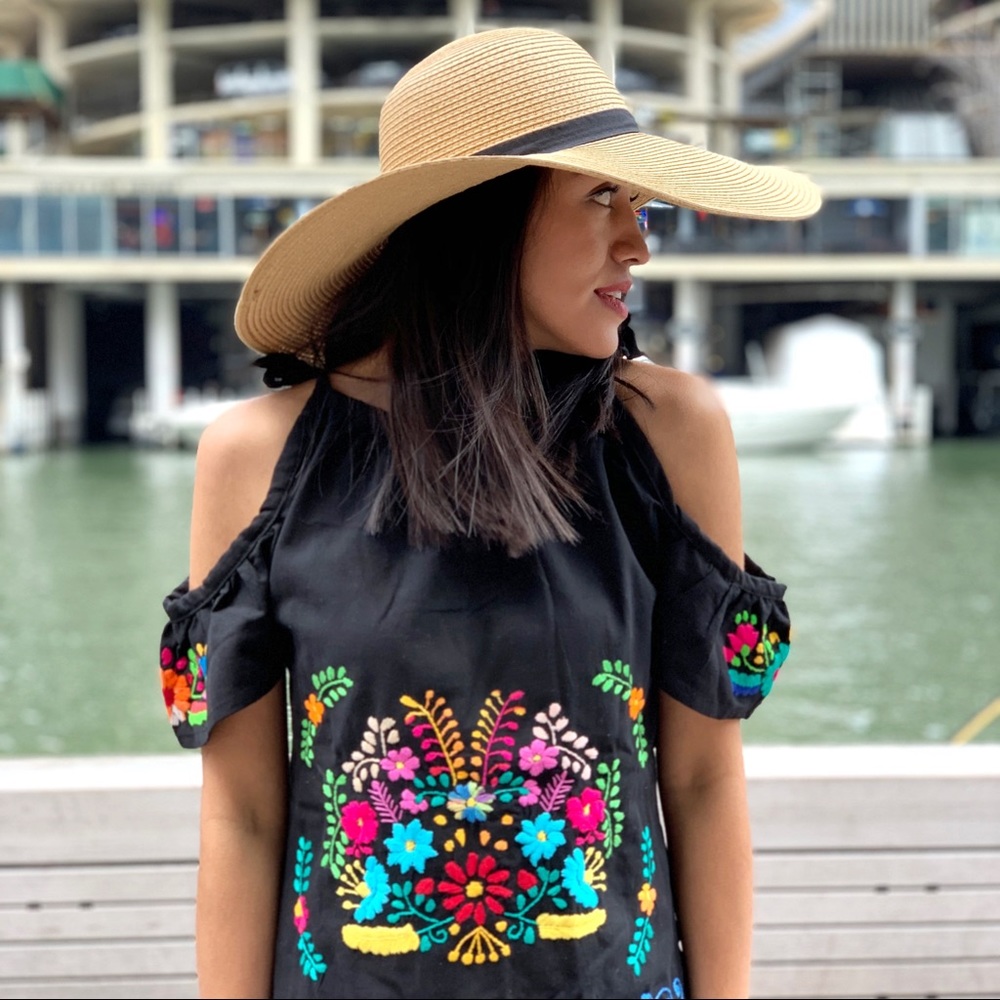 Embroidered Mexican Cold Shoulder Black Top Blouse